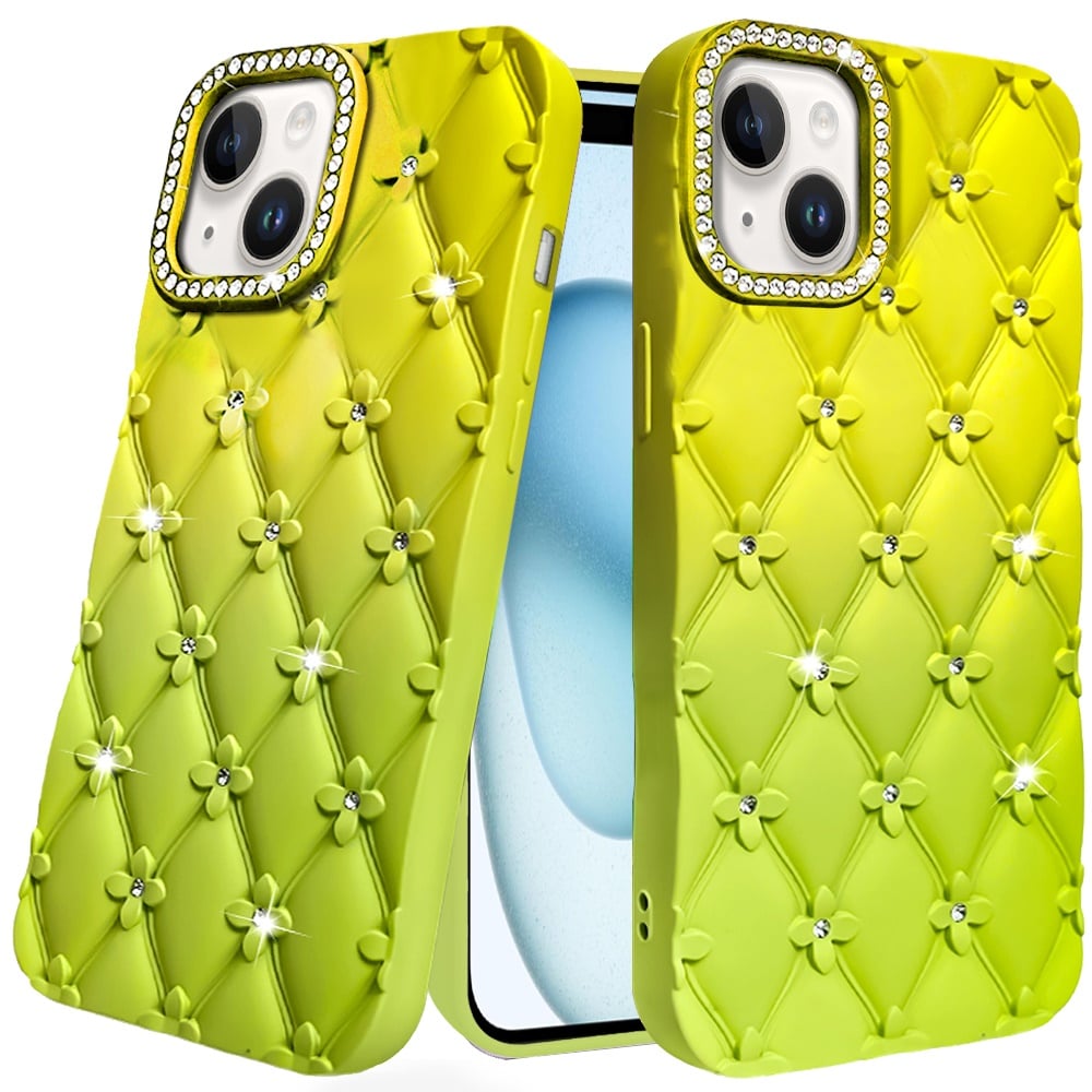 For iPhone 15 (6.1") Fashion Flower Design Sparkle Glitter Shimmer Rhinestone Bling Floral Accents, Leather Texture TPU Case Cover Yellow/Green