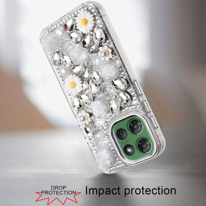For Motorola Moto G Power 5G 2026 /2025 Fashion Daisy Floral Series, Full 3D Bling Crystal Diamonds Sparkling Rhinestone Glitter Hybrid Design Case Cover Blue