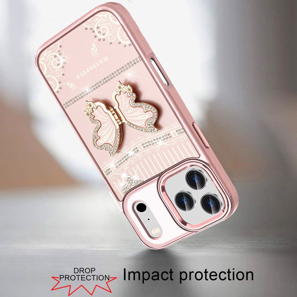 For Apple iPhone 17 Pro (6.3") Glitter 3D Butterfly Design Bling Metallic Edge Hybrid Stand Drop Protection TPU Shockproof Case Cover
