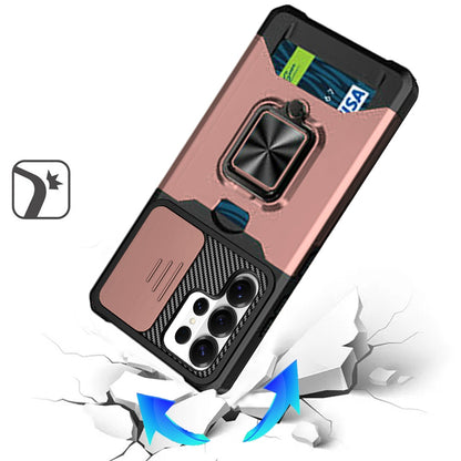For Samsung Galaxy S26 Ultra Wallet Case with Ring Stand & Slide Camera Cover Back Credit Card Slot Holder, Military Grade Case Cover