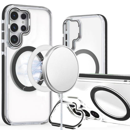 For Samsung Galaxy S26 Ultra Hybrid Clear Back Case with Invisible Camera Bracket Stand, MagSafe Magnetic Circle, Shockproof Color Frame Case Cover