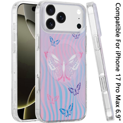 For Apple iPhone 17 Pro Max Stylish Pattern Fashion IMD Printed Design TPU Double Layer Slim Shockproof with Magnetic Back Case Cover Pink Butterfly