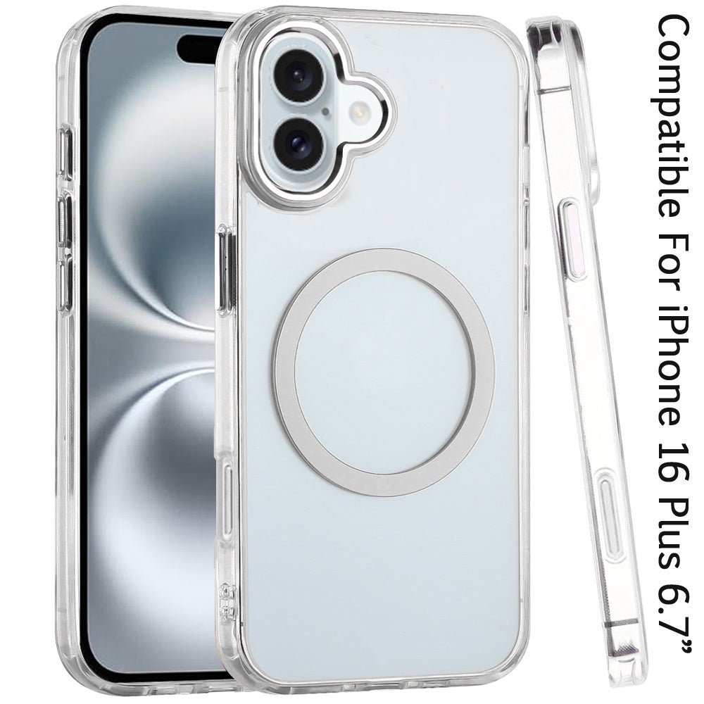 Phone Case for Apple iPhone 16 Plus Magnetic Clear Acrylic Metal Button Camera Guard Shockproof Transparent Slim Grip Premium Hybrid Cover