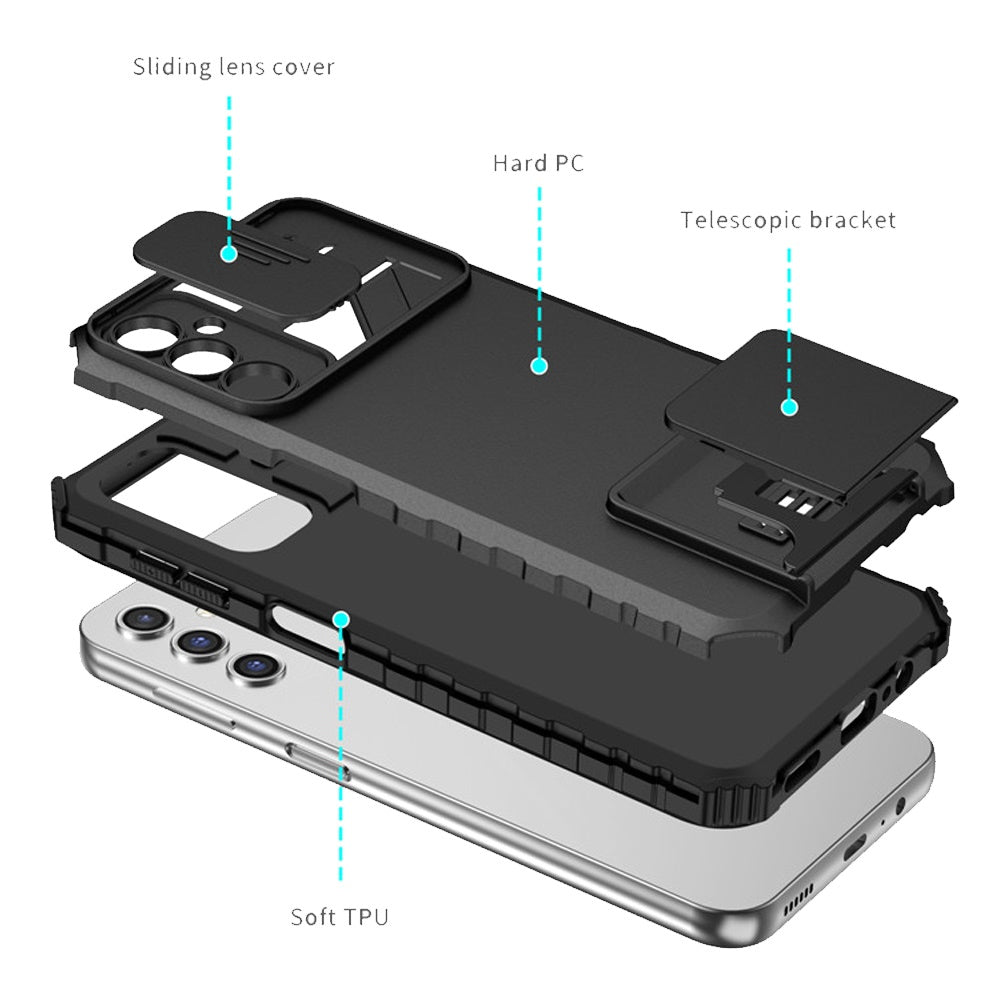 For Samsung Galaxy S22+ / S22 Plus Hybrid Hard PC & TPU Rubber Shockproof with Kickstand & Covered Camera Protection Case Cover Black
