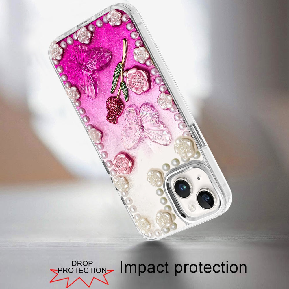 For Apple iPhone 15 Bling Fashion Design with 3D Pearls Epoxy Glitter Ornaments Chrome Edge Hard Slim PC Case Cover