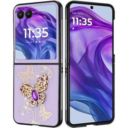 For Motorola Razr+ PLUS (2025) Diamonds 3D Fashion Bling Sparkly Glitter Ornaments Engraving Hybrid with Ring Stand Case Cover