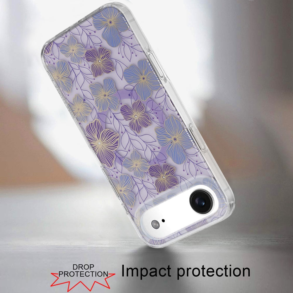 For Apple iPhone 17 Stylish Pattern Fashion IMD Printed Design TPU Double Layer Slim Shockproof with Magnetic Back Case Cover Purple Flower
