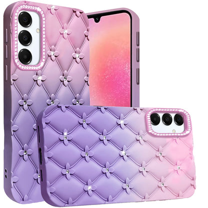 For Samsung Galaxy A26 Fashion Flower Design Sparkle Glitter Shimmer Rhinestone Bling Floral Accents, Leather Texture TPU Case Cover