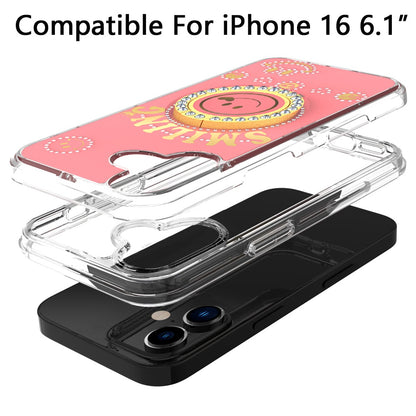 For Apple iPhone 17E /16E Smiling Glitter Bling Ornament Hybrid Shockproof Stylish Sparkle Design Secure Grip Durable Protection Case Cover Pink