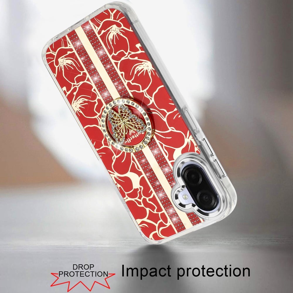 For Samsung Galaxy A07 Diamonds 3D Butterfly Floral Design Bling Sparkly Glitter Hybrid Metal Fashion with Ring Stand Case Cover