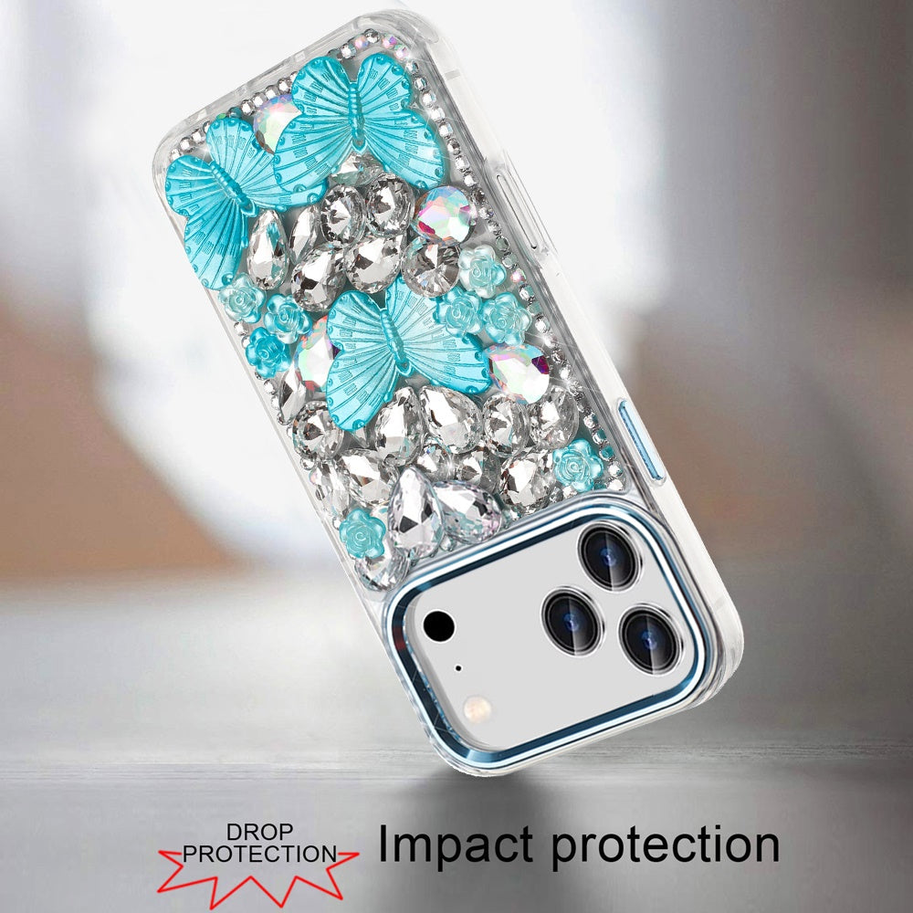For Apple iPhone 17 Pro (6.3") 3D Diamond Floral Butterfly Bling Stone Hybrid, Sparkly Rhinestone Gemstone Back Shockproof Case Cover Rose Gold