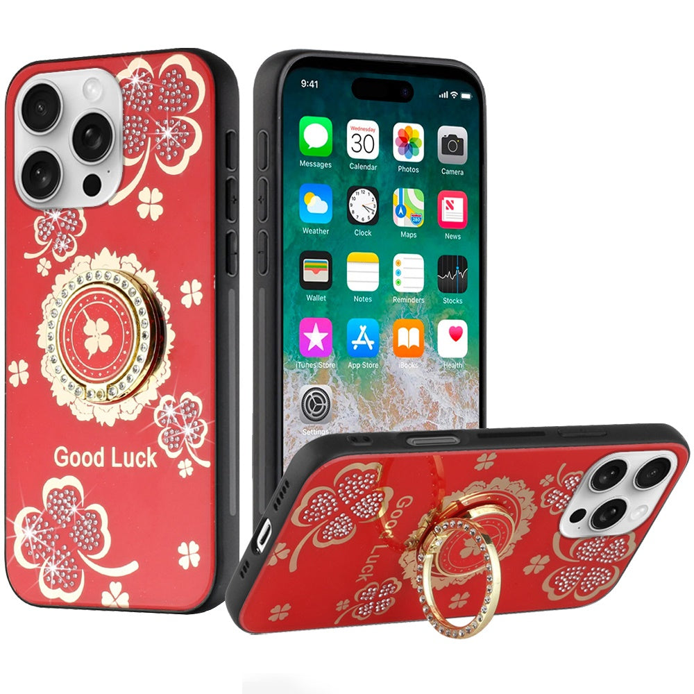 For Apple iPhone 16 Pro Diamonds 3D Butterfly Bling Sparkly Glitter Ornaments Engraving Hybrid Metal Fashion Case Cover Good Luck Floral Red