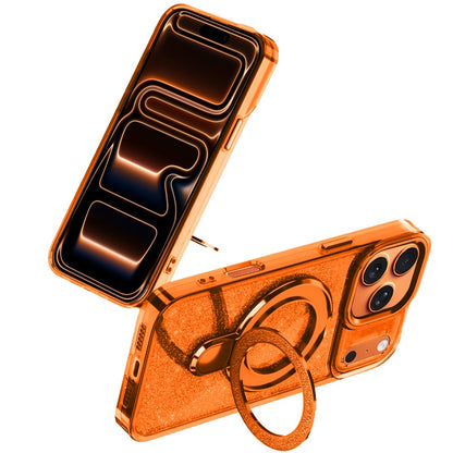 Phone Case for Apple iPhone 17 Pro Max (6.9") Transparent Glitter Bling Magnetic Ring Stand Shockproof Anti Slip Rotating Grip Protective Hybrid Durable Armor Cover Cosmic Orange
