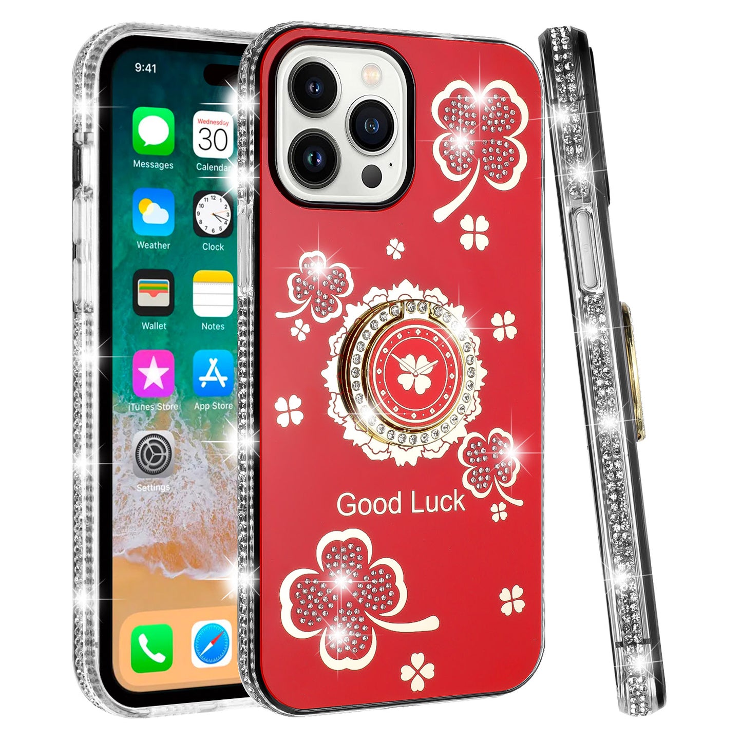 For Samsung Galaxy A37 Diamonds Bling All Around Edges Sparkly Glitter Hybrid with Ring Stand Holder Fashion Good Luck Case Cover