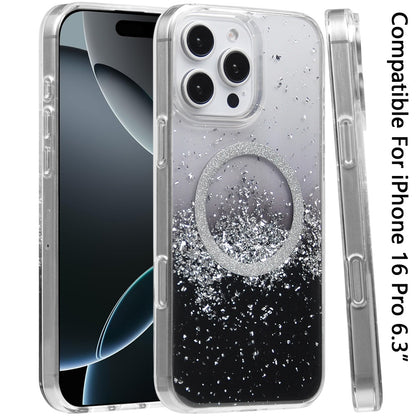 For Apple iPhone 16 Pro (6.3") Transparent Epoxy Glitter Magnetic Circle Compatible with MagSafe Hybrid Bling Sparkle Hard PC Slim TPU Case Cover