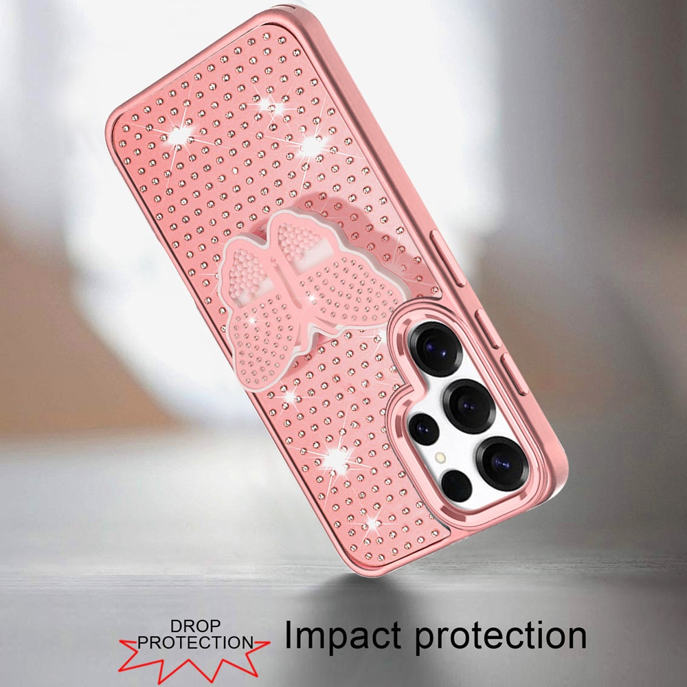 For Samsung Galaxy S25 Ultra Butterfly Moveable Grip 3D Pop Stand Full Diamond Bling Sparkling TPU Fashion Hybrid Case Cover