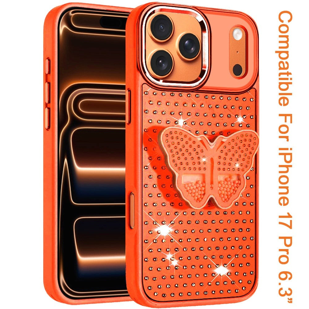 For Apple iPhone 17 Pro (6.3") Butterfly Moveable Grip 3D Pop Stand Full Diamond Bling Sparkling TPU Fashion Hybrid Case Cover