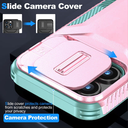 For iPhone 15 Pro Max (6.7") Slim Fit Shockproof Hybrid with Slide Camera Window Covering, Rugged Tpu Silicone Hard PC Bumper Case Cover Pink-Teal
