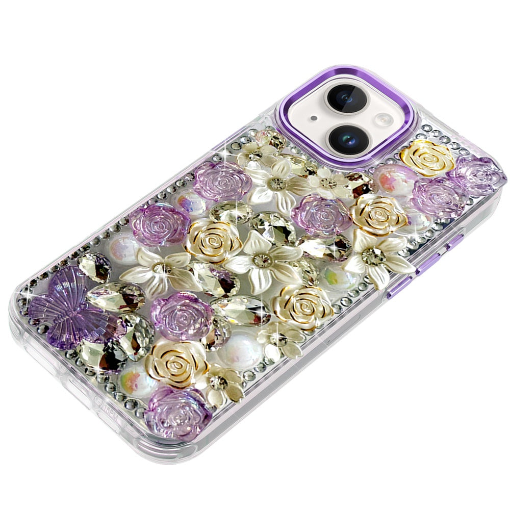 For Samsung Galaxy S26 Ultra 3D Diamond Floral Roses Flower Bling Stone Hybrid, Sparkly Rhinestone Gemstone Back Shockproof Case Cover Purple