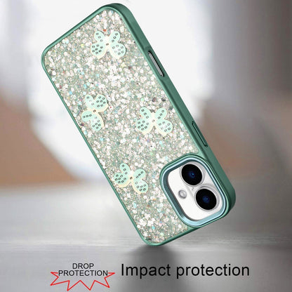 For iPhone 16 (6.1") Cute Butterfly Crystal Diamond Glitter Case Sparkle Bling Frame Metallic Edges, Shimmer TPU Hybrid Case Cover