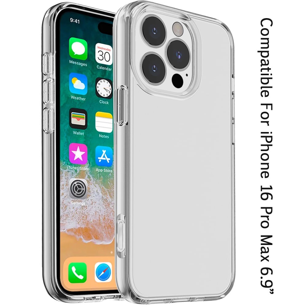 For iPhone 16 Pro Max (6.9") Transparent Shock Absorption PC + TPU Rubber Gel Thick 3mm Hybrid Silicone Slim Fit Back Case Cover