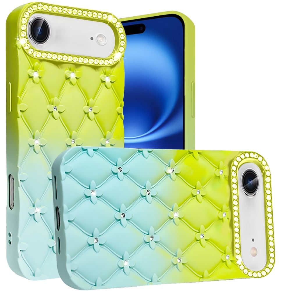For Apple iPhone 17 Air (6.6") Fashion Flower Design Sparkle Glitter Shimmer Rhinestone Bling Floral Accents, Leather Texture TPU Case Cover