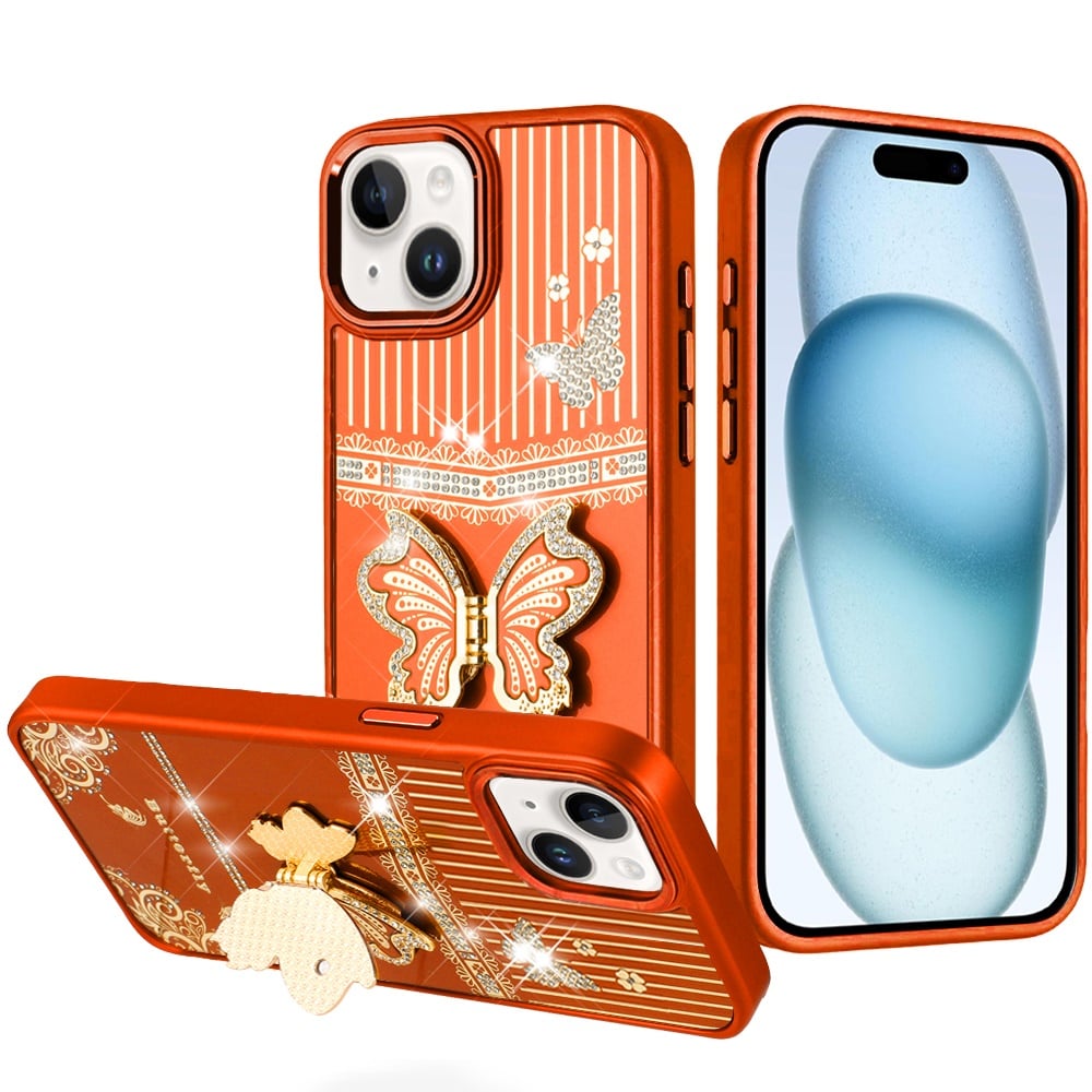 For iPhone 15 Plus (6.7") Glitter 3D Butterfly Design Bling Metallic Edge Hybrid Stand Drop Protection TPU Shockproof Case Cover Cosmic Orange
