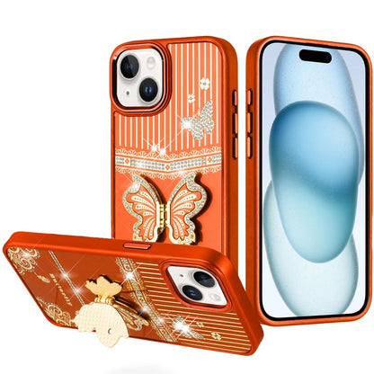 For iPhone 15 Plus (6.7") Glitter 3D Butterfly Design Bling Metallic Edge Hybrid Stand Drop Protection TPU Shockproof Case Cover Cosmic Orange
