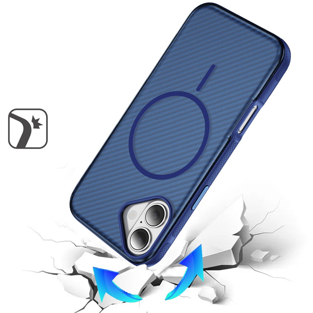 Phone Case for Apple iPhone 17 Shockproof Magnetic Carbon Fiber Texture Metallic Button Rugged Grip Anti Fingerprint Heavy Duty Hybrid Armor Cover Blue