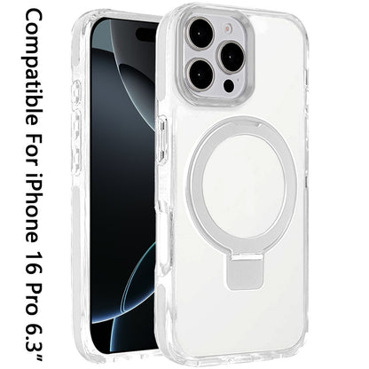 For Apple iPhone 16 Pro (6.3") Hybrid Transparent Circle Back Ring Kickstand [Compatible with MagSafe] Shockproof Color Frame Bumper Case Cover