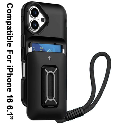 For Apple iPhone 16 (6.1") Wallet Case with 2- Credit Card Holder, Wrist Strap & Kickstand Hybrid Shockproof TPU Case Cover