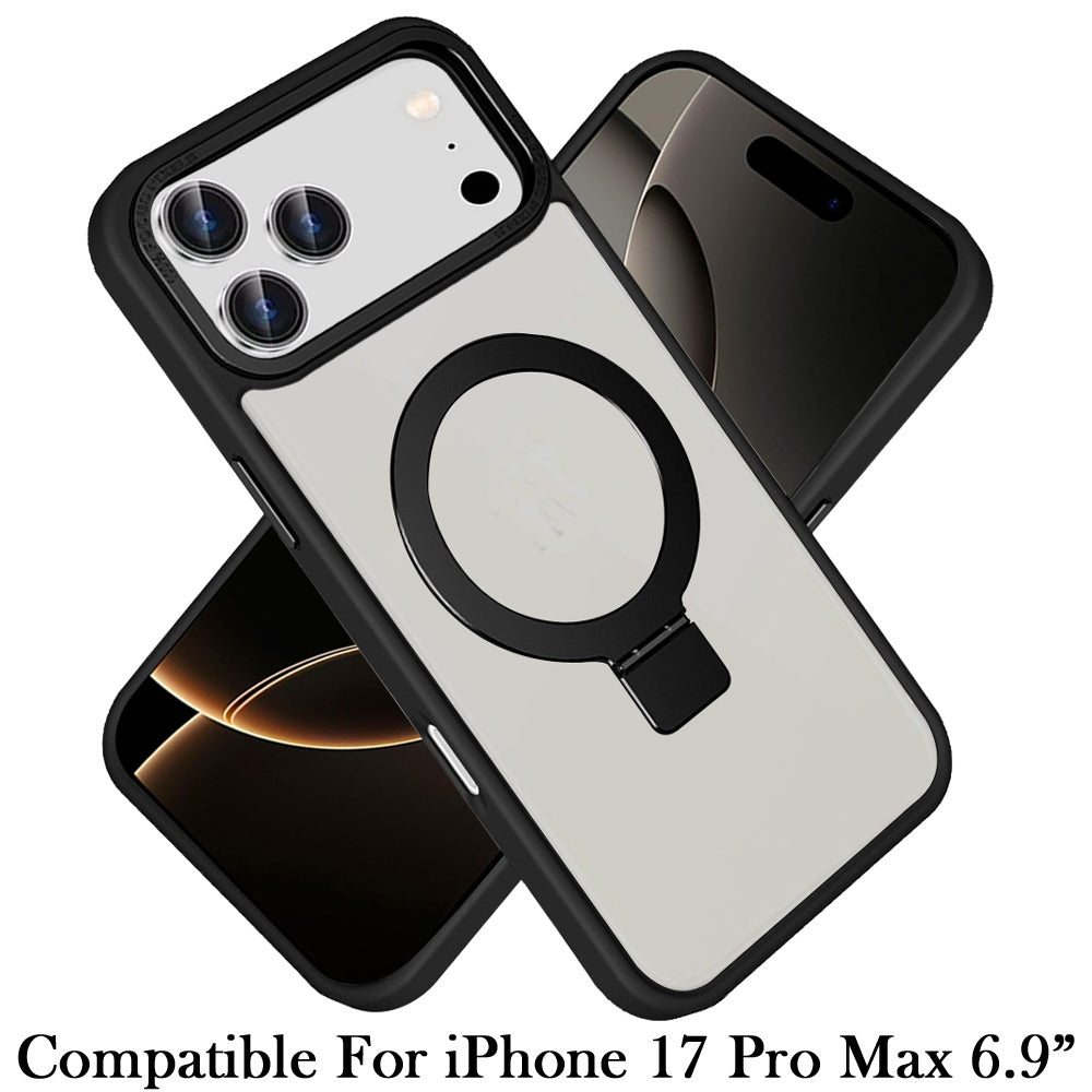 For Apple iPhone 17 Pro Max (6.9") Magnetic Metal Matte Built-in Compatible with MagSafe Kickstand Hybrid Shock Armor TPU Case Cover Black