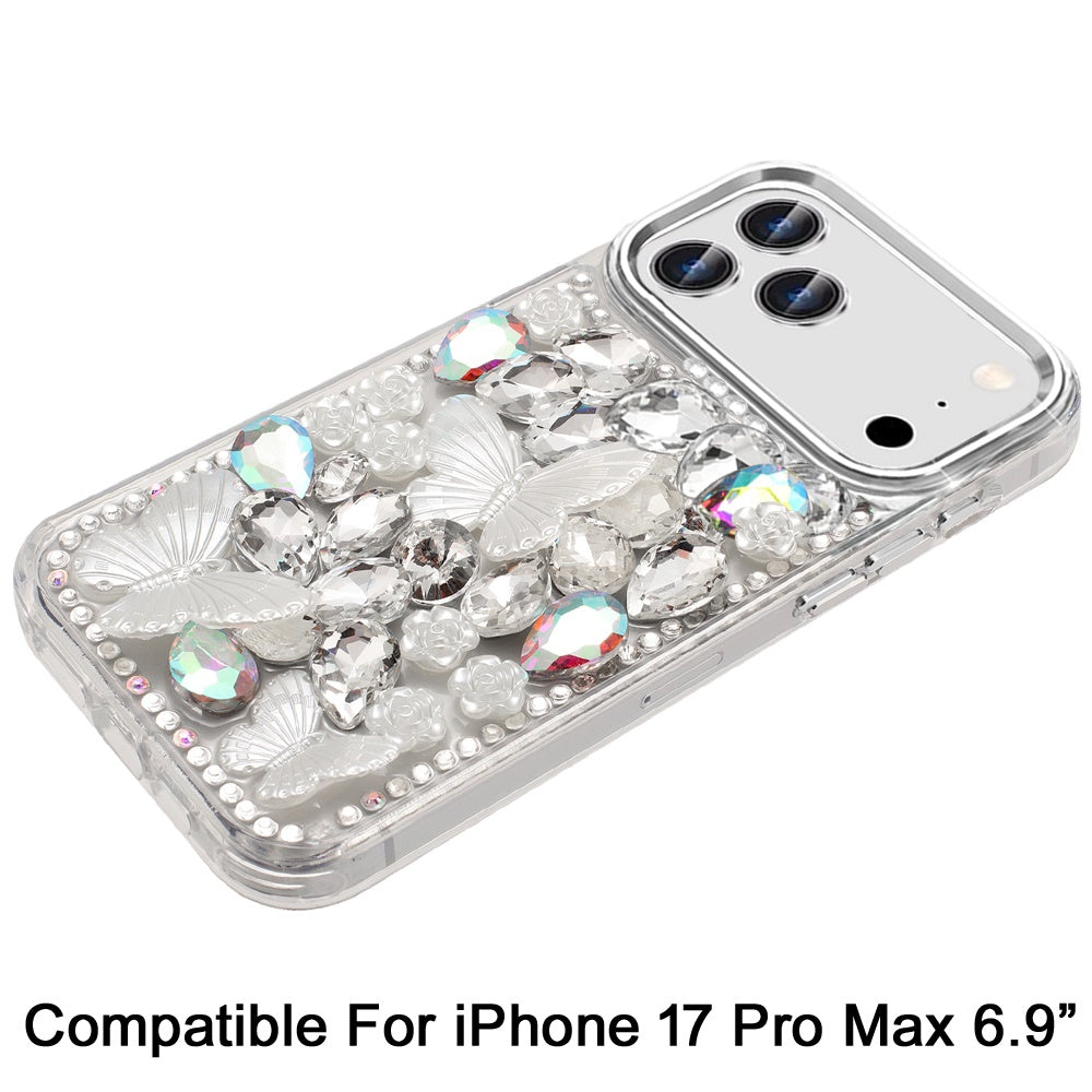 For Apple iPhone 17 Pro Max (6.9") 3D Diamond Floral Butterfly Bling Stone Hybrid, Sparkly Rhinestone Gemstone Back Shockproof Case Cover Rose Gold
