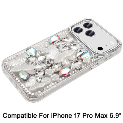 For Apple iPhone 17 Pro Max (6.9") 3D Diamond Floral Butterfly Bling Stone Hybrid, Sparkly Rhinestone Gemstone Back Shockproof Case Cover Rose Gold