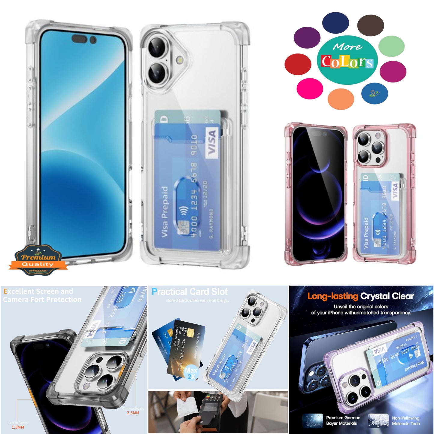 For Apple iPhone 16 Plus (6.7") Wallet Clear Case with Credit Card Holder Rubber Silicone TPU Protection Corner Bumper Shockproof Case Cover