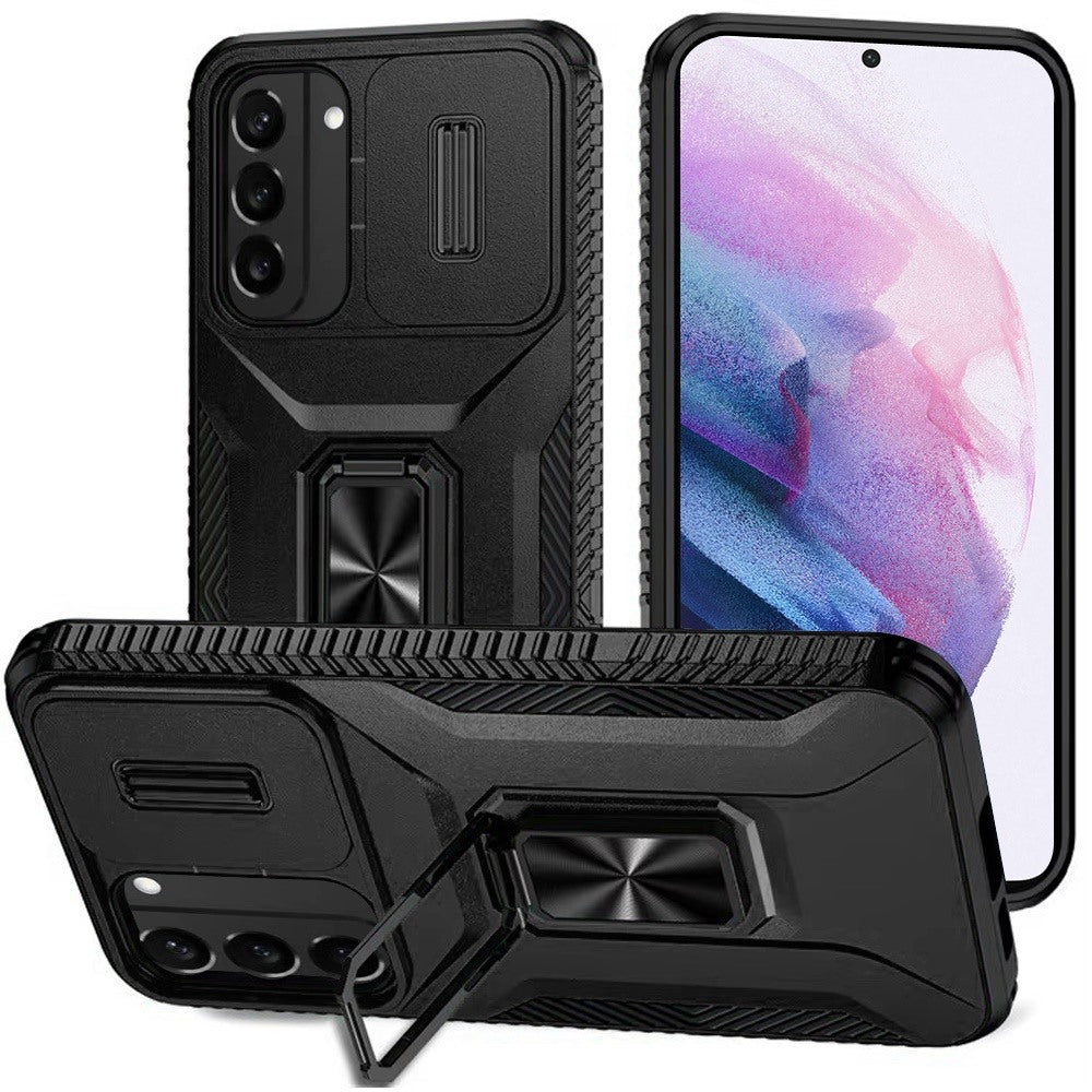For Samsung Galaxy S21 Case, Camera Cover with Magnetic Rotation Ring Stand, Military Grade Hybrid Hard TPU Shockproof Case Cover Red