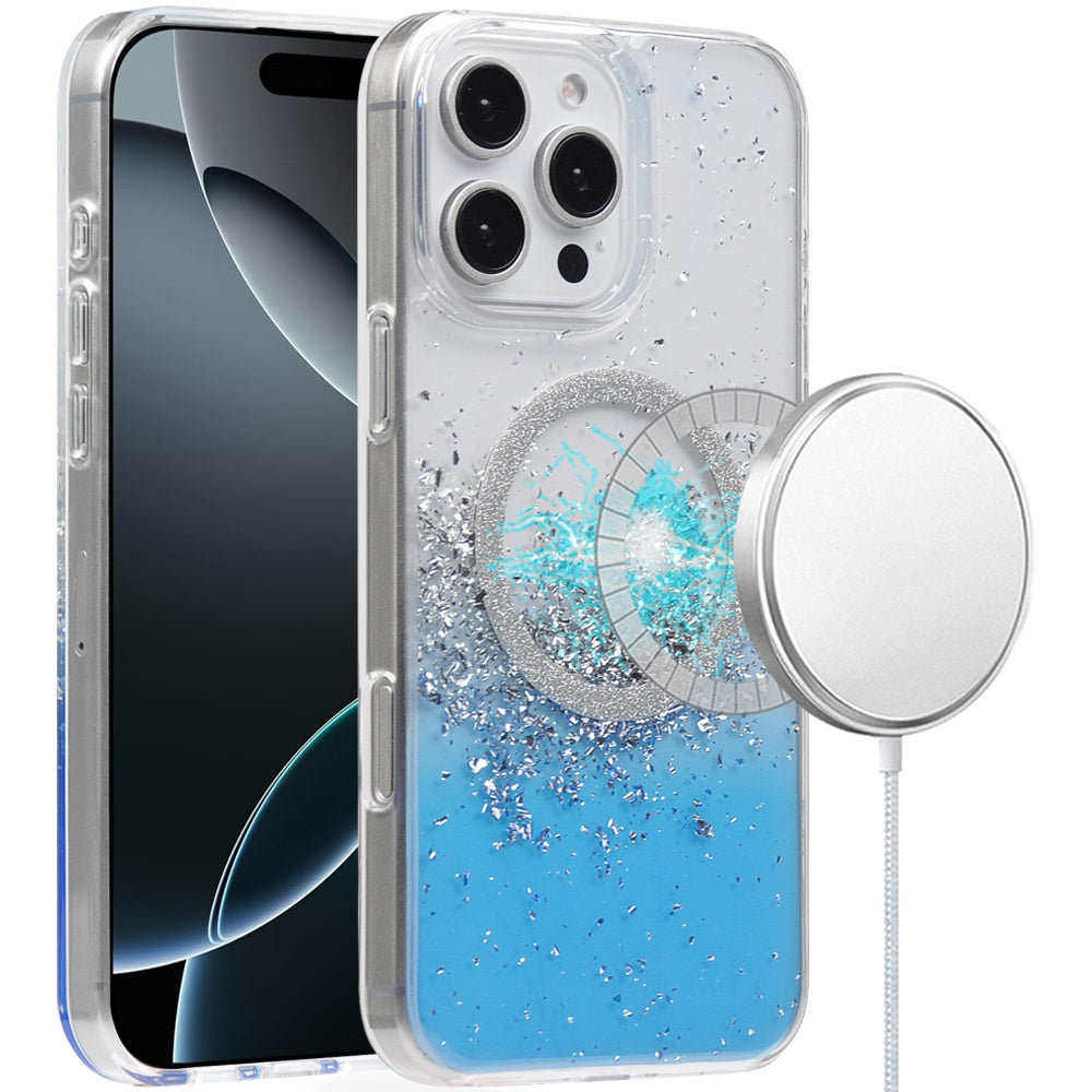 For Apple iPhone 16 Pro (6.3") Transparent Epoxy Glitter Magnetic Circle Compatible with MagSafe Hybrid Bling Sparkle Hard PC Slim TPU Case Cover