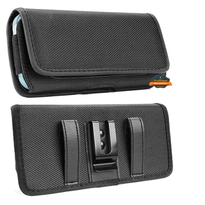 For Apple iPhone 16 Pro (6.3") Pouch Case Universal Horizontal Canvas with Belt Clip Loop Holster Military Grade Cell Phone Holder Cover [Black]