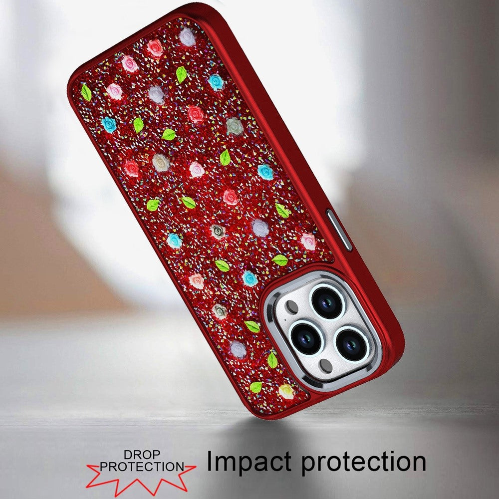 For Apple iPhone 16 Pro (6.3") Floral Design Embedded Glass Diamond Fancy Fashion Glitter Bling Sparkly Hybrid Rugged TPU Bumper Case Cover