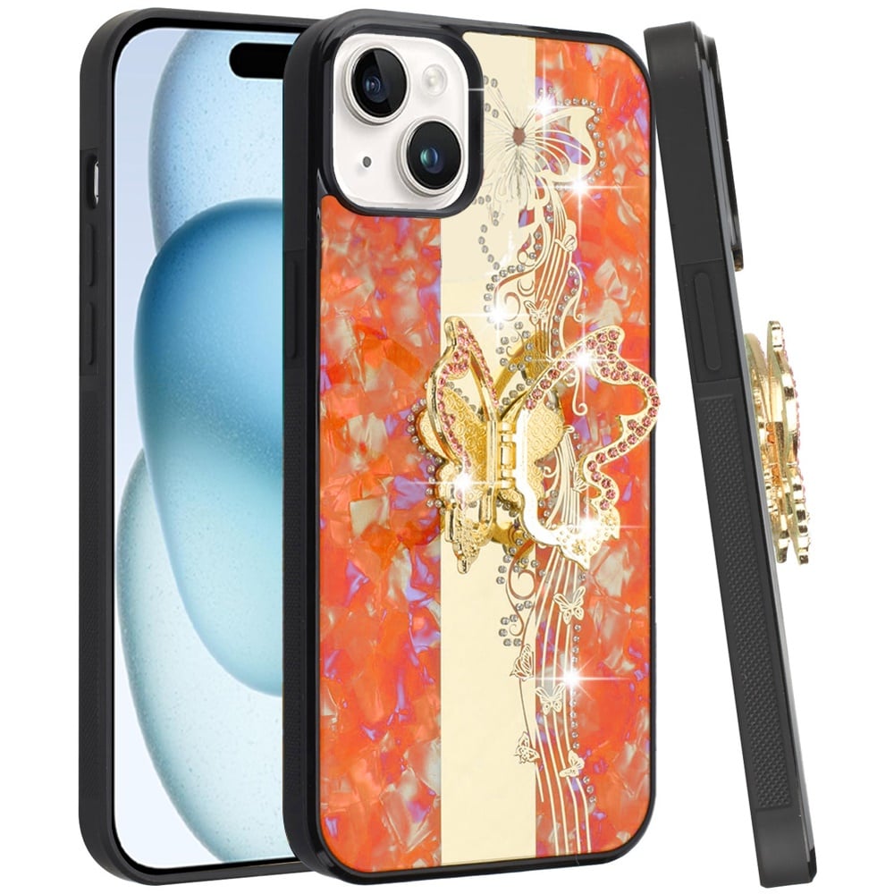 For iPhone 15 Plus (6.7") Diamonds 3D Fashion Bling Sparkly Glitter Ornaments Engraving Hybrid with Ring Stand Case Cover