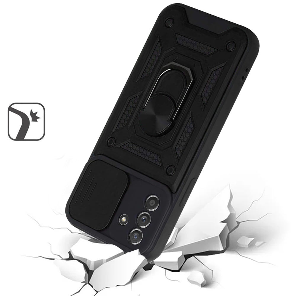 For Samsung Galaxy A15 5G Hybrid Case with Slide Camera Lens Cover, Ring Kickstand, Heavy-Duty Dual Layer TPU, Fit Magnet Car Mount Case Cover