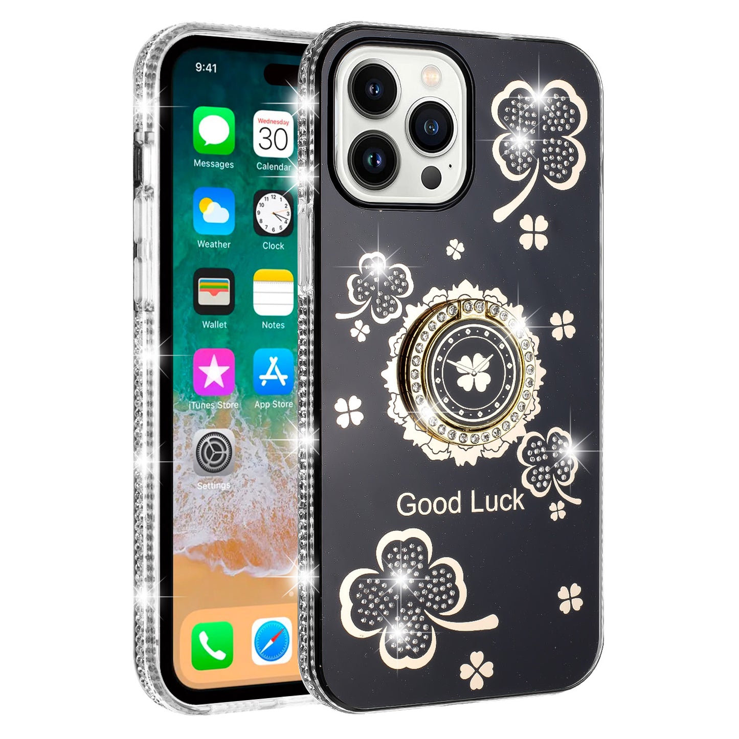 For Samsung Galaxy S26+ / S26 Plus Diamonds Bling All Around Edges Sparkly Glitter Hybrid with Ring Stand Holder Fashion Good Luck Case Cover