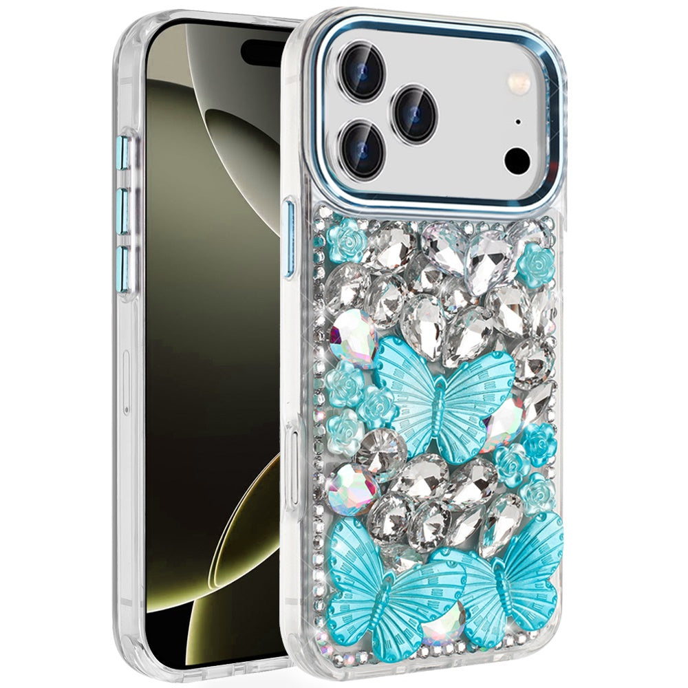 For Apple iPhone 17 Pro (6.3") 3D Diamond Floral Butterfly Bling Stone Hybrid, Sparkly Rhinestone Gemstone Back Shockproof Case Cover Rose Gold