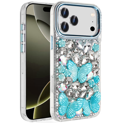 For Apple iPhone 17 Pro (6.3") 3D Diamond Floral Butterfly Bling Stone Hybrid, Sparkly Rhinestone Gemstone Back Shockproof Case Cover Rose Gold