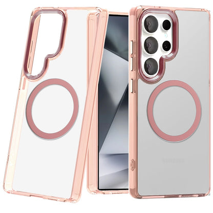 For Samsung Galaxy S24 Ultra Transparent Back Hybrid Case - Magnetic Circle, Color Frame, Metal Buttons, MagSafe Compatible Case Cover