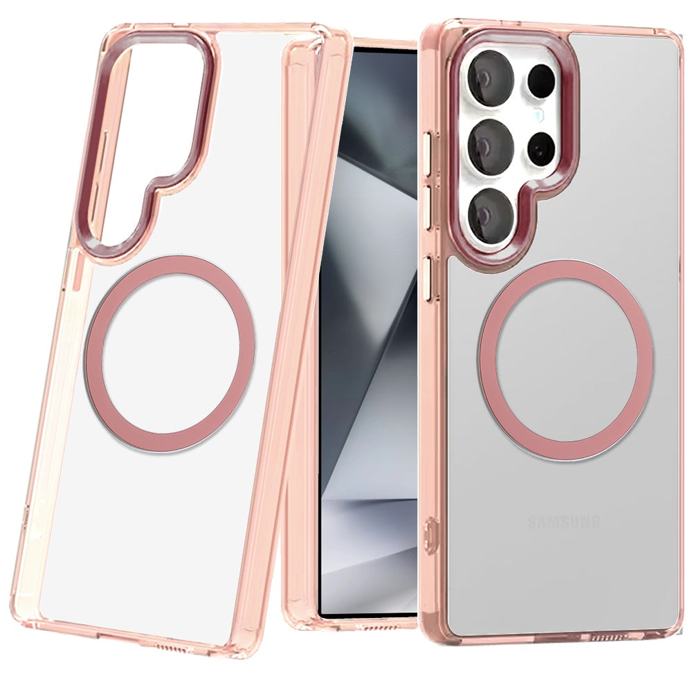 For Samsung Galaxy S23 Ultra Transparent Back Hybrid Case - Magnetic Circle, Color Frame, Metal Buttons, MagSafe Compatible Case Cover