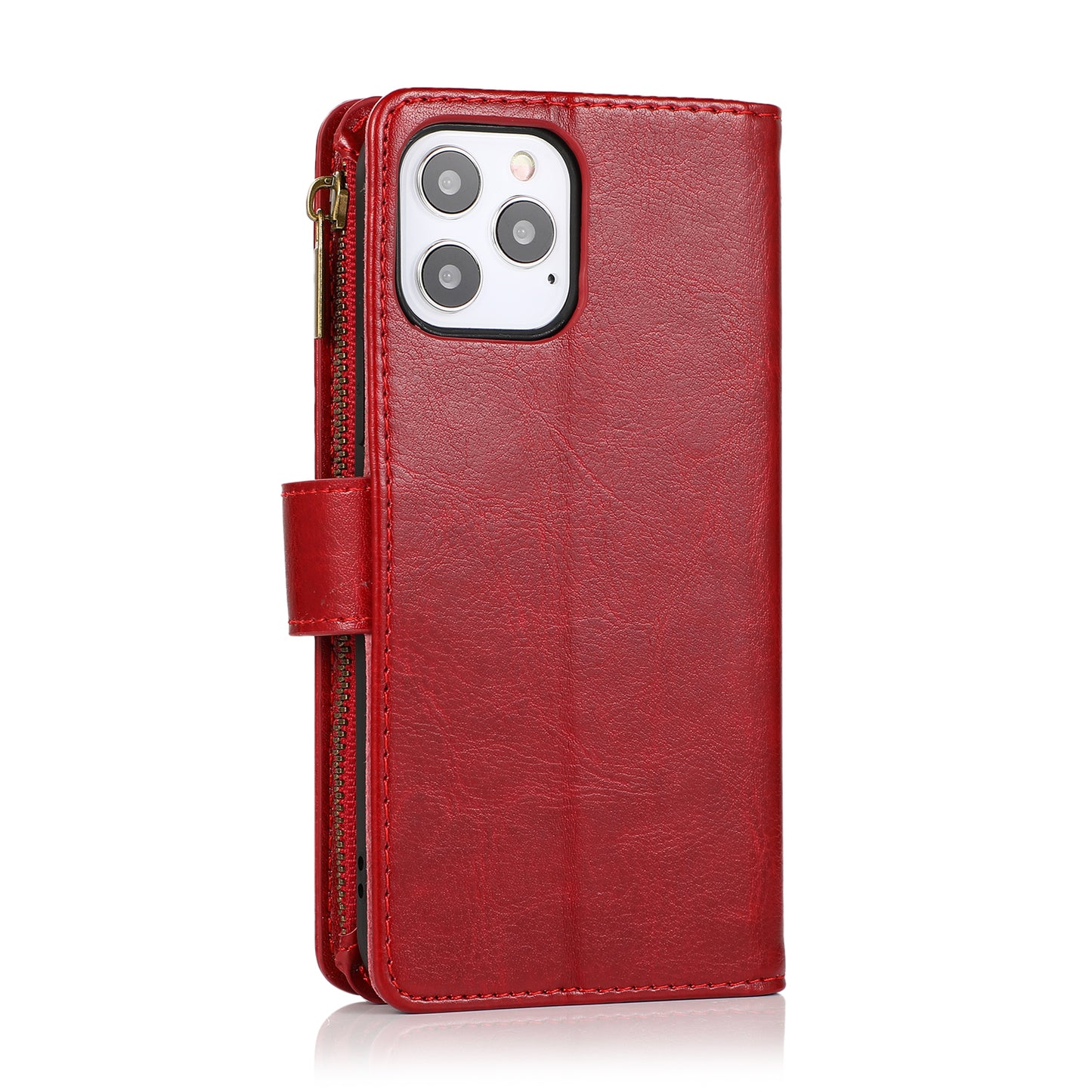 For Apple iPhone 16 (6.1") Premium Leather Zipper Wallet with Credit Card Slots Money Pocket Luxury Clutch Pouch Stand & Strap Case Cover Red
