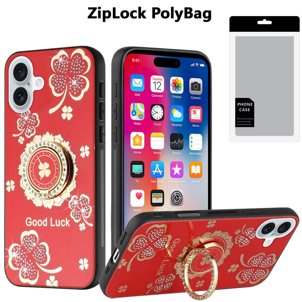 For iPhone 16 (6.1") Diamonds 3D Fashion Floral Bling Sparkly Glitter Ornaments Engraving Hybrid with Ring Stand Case Cover Good Luck Floral Red