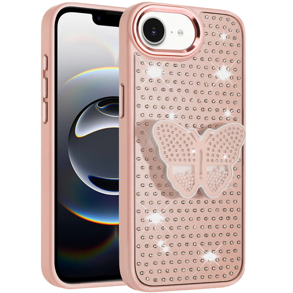 For Apple iPhone 16e Butterfly Moveable Grip 3D Pop Stand Full Diamond Bling Sparkling TPU Fashion Hybrid Case Cover