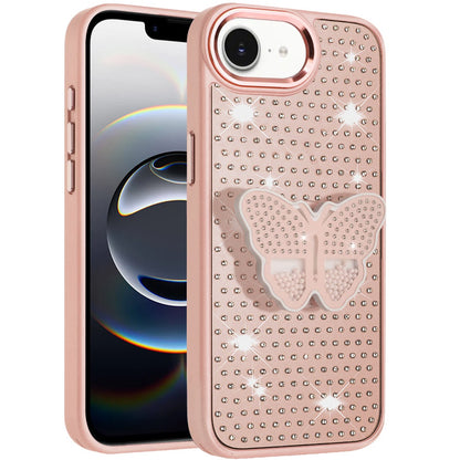 For Apple iPhone 17E /16E Butterfly Moveable Grip 3D Pop Stand Full Diamond Bling Sparkling TPU Fashion Hybrid Case Cover